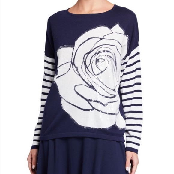 Joan Vass Rose Intarsia Striped-Sleeve Sweater Sequin NWT - Picture 2 of 8